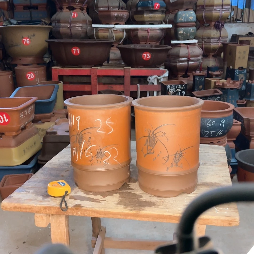 紫砂花盆竹节盆两个