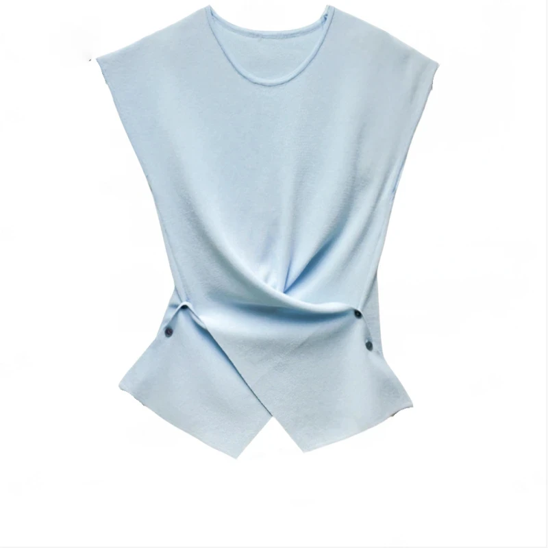 法式显瘦气质圆领短袖交叉下摆纽扣设计感休闲针织衫上衣女B4-26