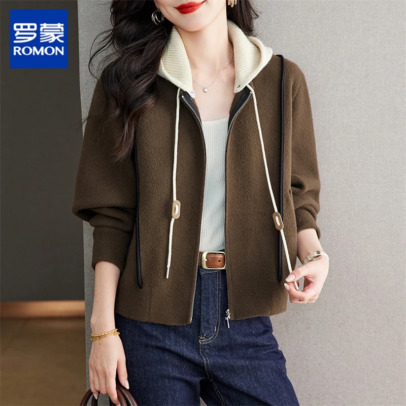 罗蒙小个子妈妈秋装连帽针织棒球服外套女新款时尚外搭开衫上衣女