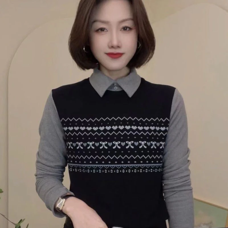 春秋杂志风法式常规款T恤包袖长袖女休闲加厚保暖