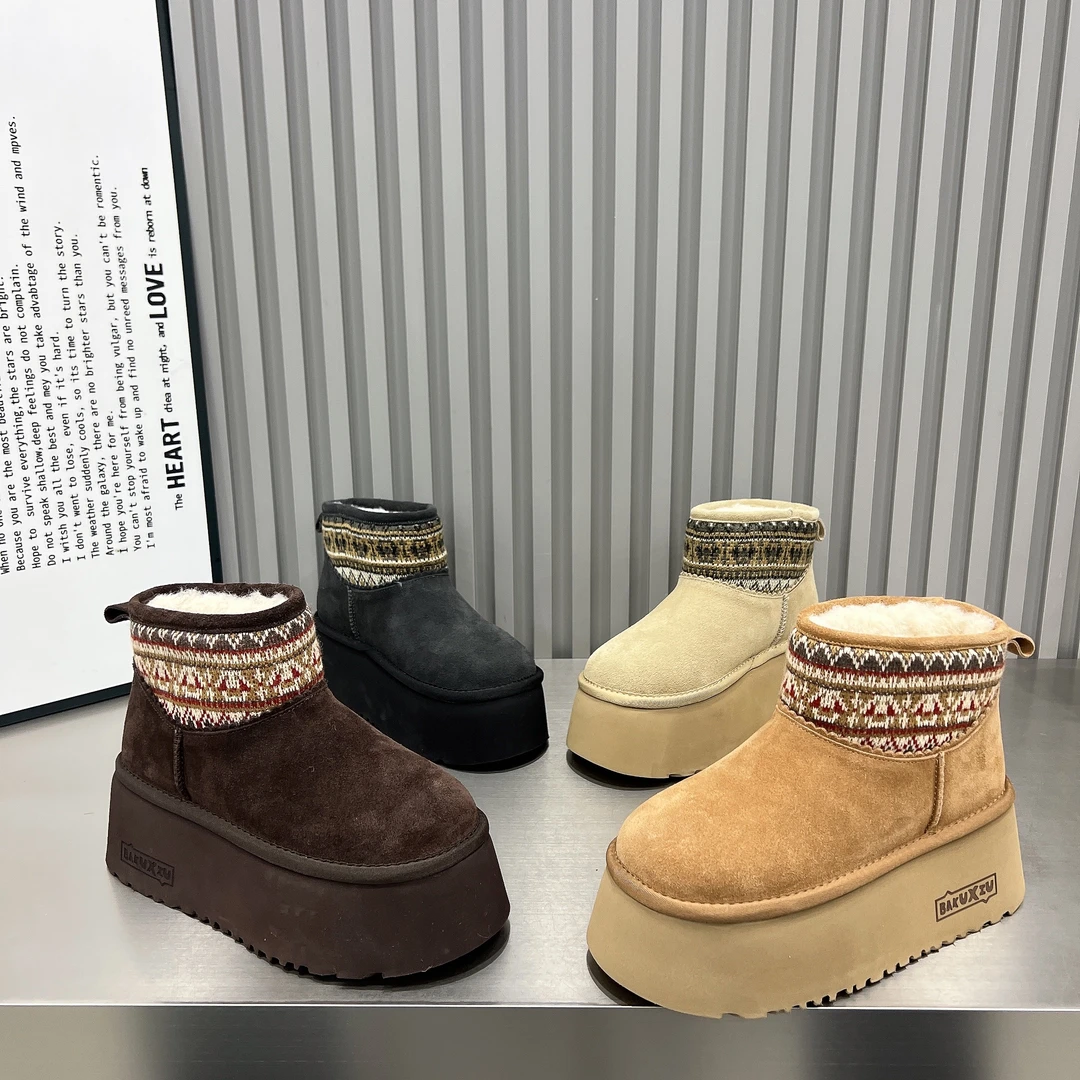 厚底6cm民族风雪地靴女鞋2025新款软皮软毛增高套筒短靴保暖棉鞋