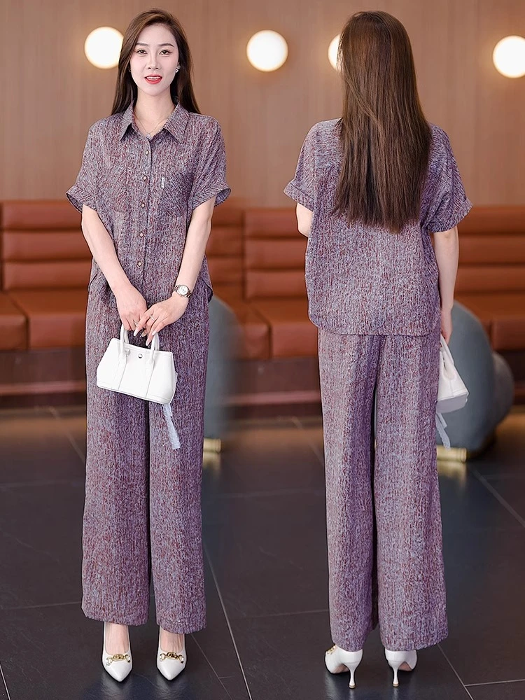 宽松休闲套装女2025夏季新款洋气质减龄时尚短袖衬衫阔腿裤两件套