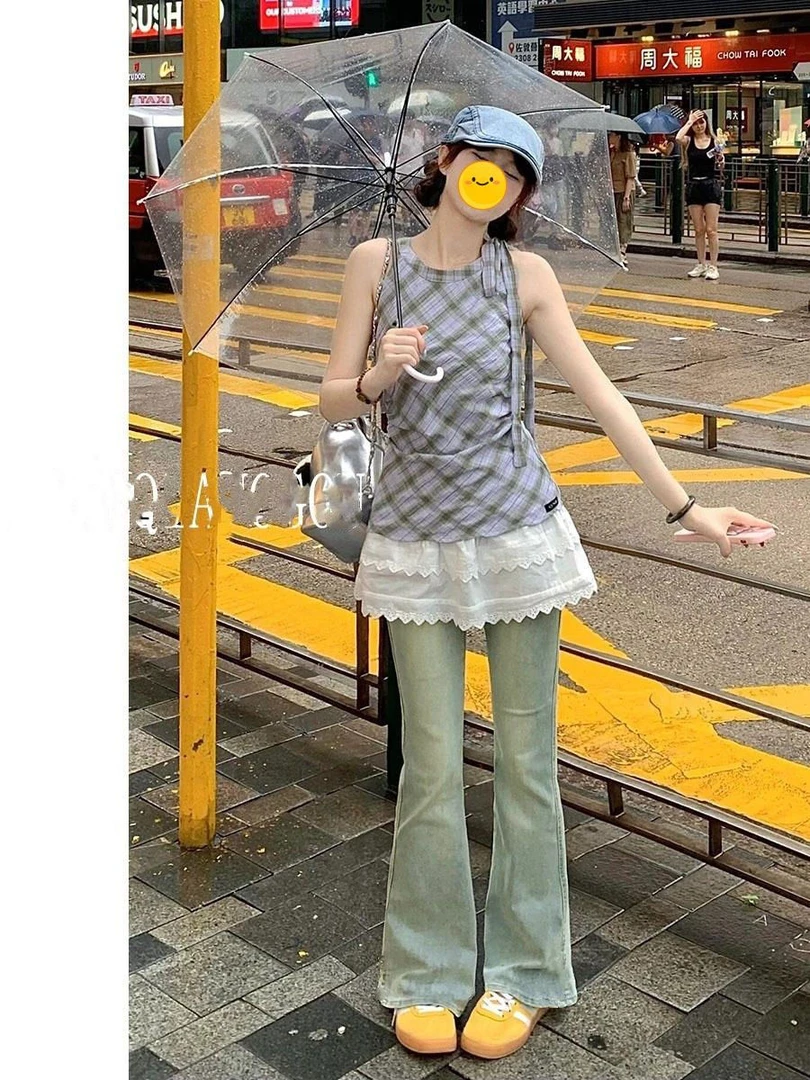 微喇145美式小个子复古黄泥学生女旧做修身高腰喇叭裤做旧牛仔裤