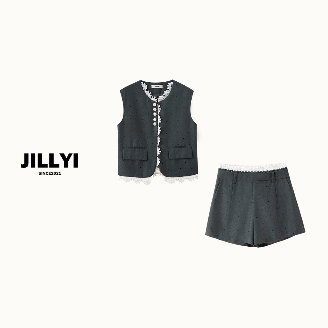 JILLYI南山店【浅灰浪漫】灰色圆领拼接白色花朵蕾丝马甲+灰色波点