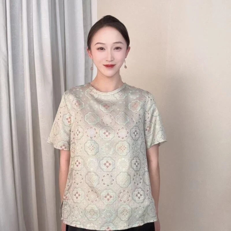 【天青宝相花】2025新款新中式国风提花短袖-CR-57