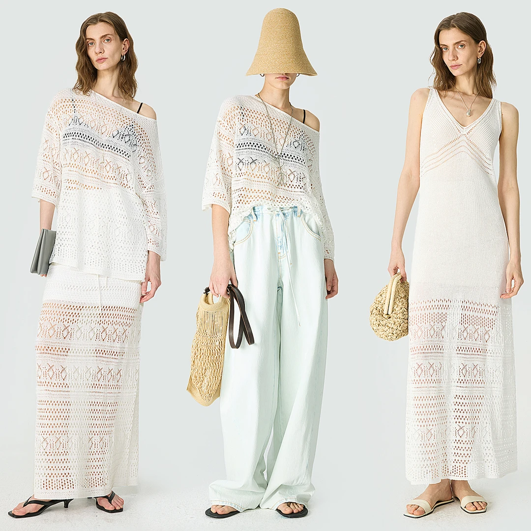 开间/印度嵿级细绒棉 轻薄透气镂空针织一字领上衣V领连衣裙套装