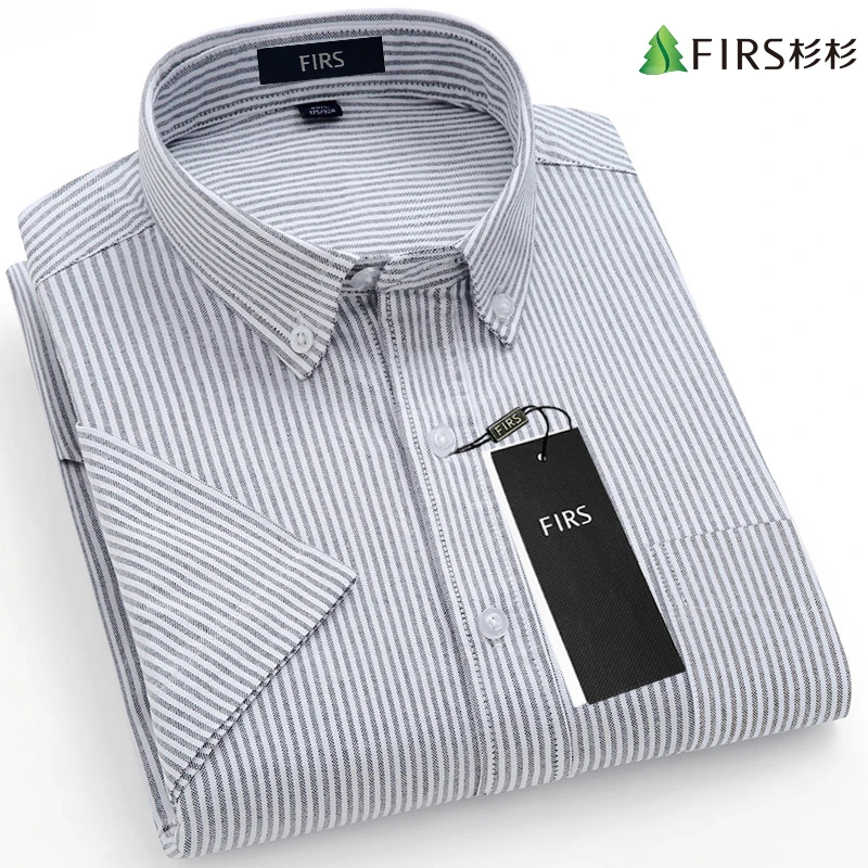 杉杉【100%纯棉】白色条纹休闲衬衫男装舒适透气抗皱灰色短袖衬衣男