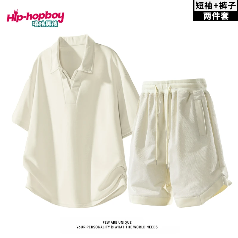 嘻哈男孩短袖套装夏季运动短裤休闲套装春夏宽松纯色V领百搭T恤
