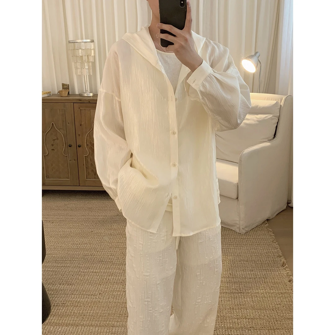 白色肌理感连帽衬衫男款夏季潮流宽松休闲衬衣A2505402