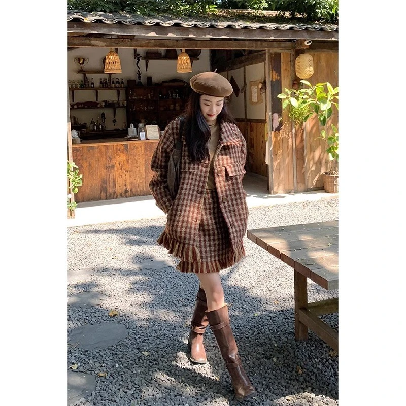韩系格子小香风套装女秋冬新款高端轻奢气质名媛外套半身裙两件套