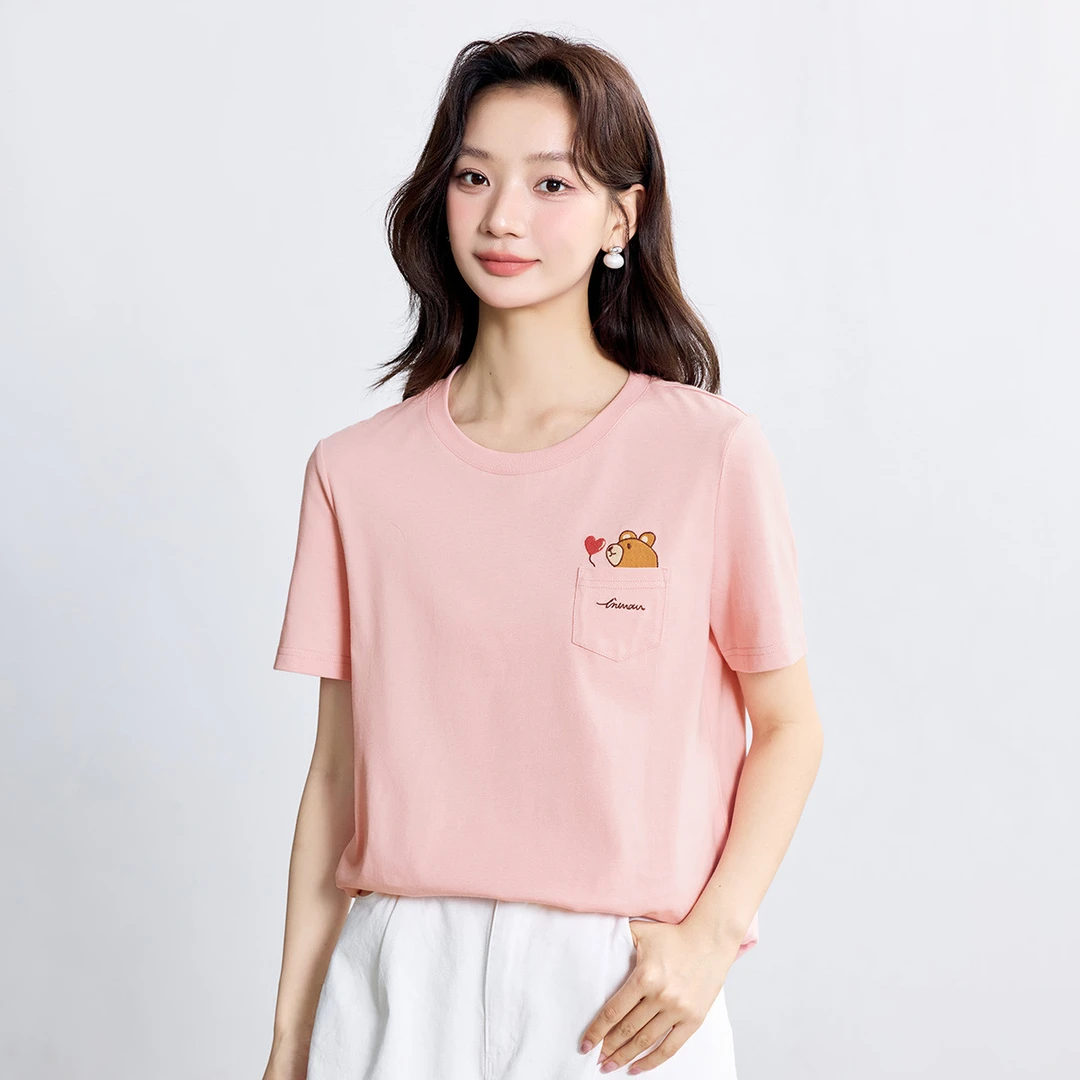 纯棉萌宠绣花短袖T恤女2025夏季减龄宽松舒适休闲套头上衣