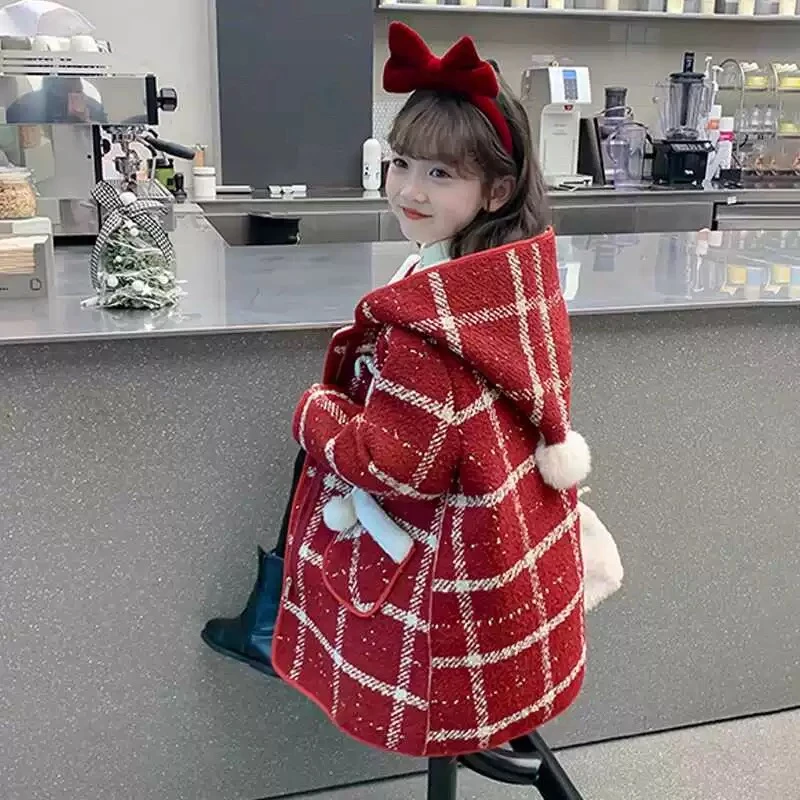 2024冬高档尼料中国红格子一体绒带帽大衣 A753 753 Y