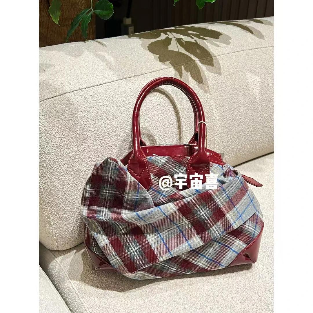 【格子面料打结中古红色手提包】