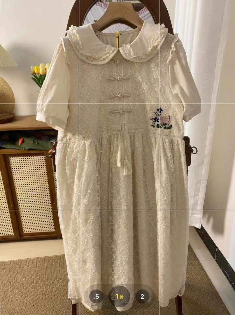 F200-F499选森系文艺连衣裙复古宽松韩版中长款绣花娃娃领时尚