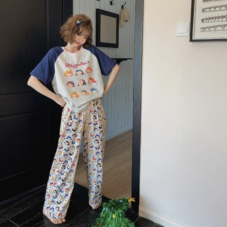 春秋新款短袖长裤睡衣女套装休息百搭透气家居服睡裤宽松舒适显瘦