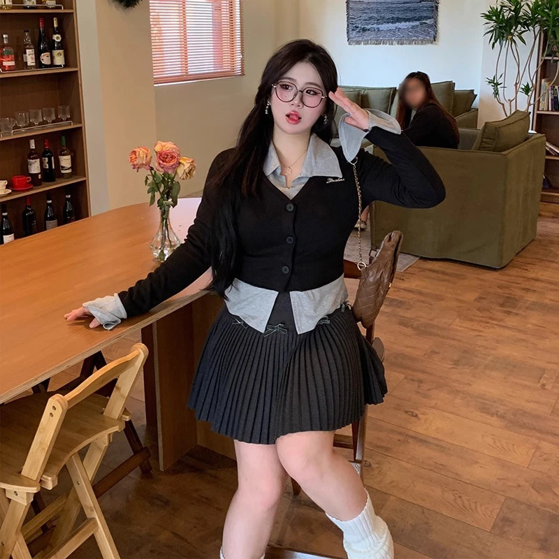 学院风撞色显瘦时尚百搭修身长袖秋季黑色设计感小众气质辣妹风【