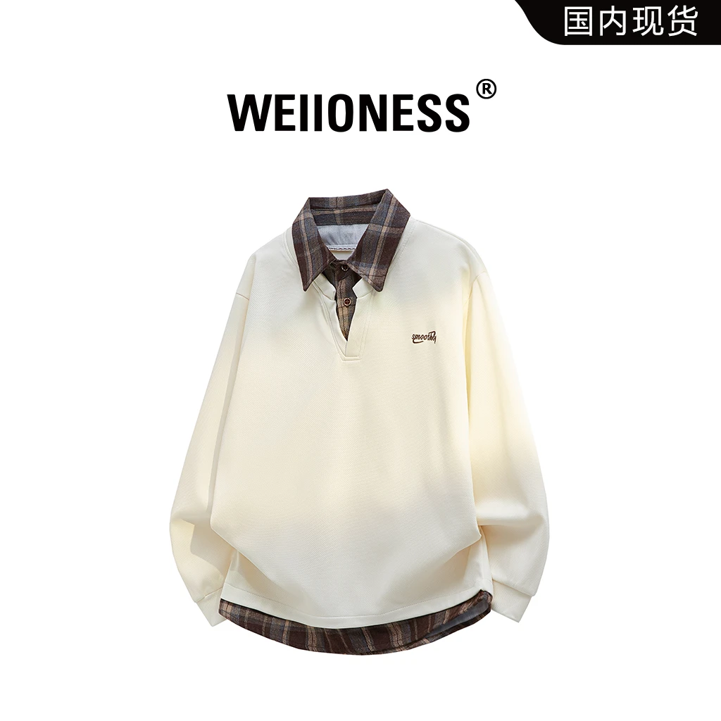 WEIIONESS美式重磅假两件衬衫领卫衣男款秋季高级感宽松休闲上衣
