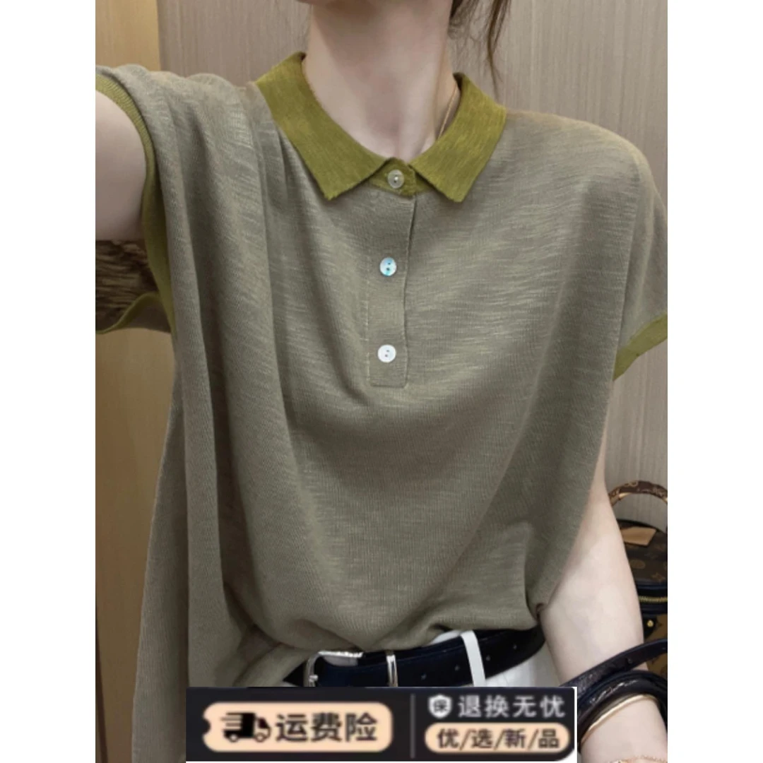 POLO领撞色t恤上衣短袖大码女装夏季新款休闲宽松时髦薄款小衫女