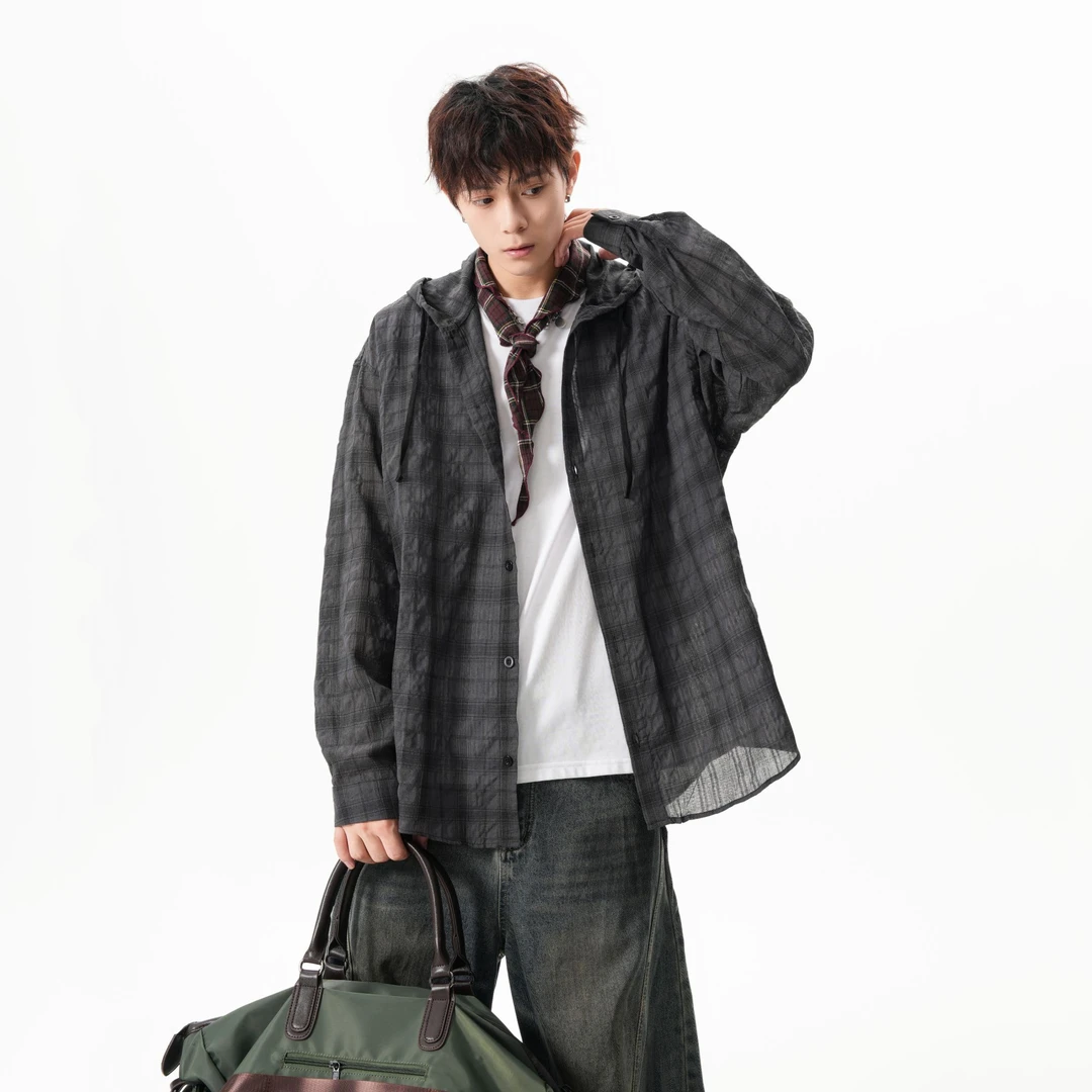 25夏季新款 户外轻薄连帽格子衬衫防晒衣