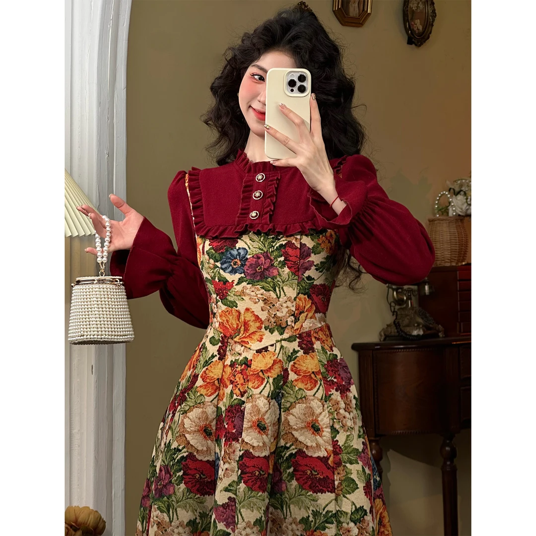 肖夫人【冬日安徒生】复古港风法式长袖假两件连衣裙秋冬  SS156