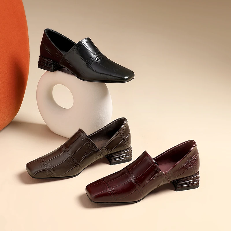 AMEINOR2025年春季新款方头格子条纹舒适波浪低跟深口真皮单鞋女