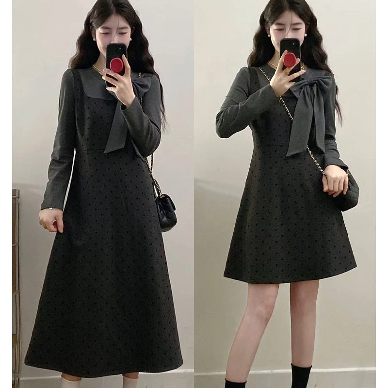 胖颖专属大码秋冬季新款英伦风复古假两件显瘦收腰连衣裙1855
