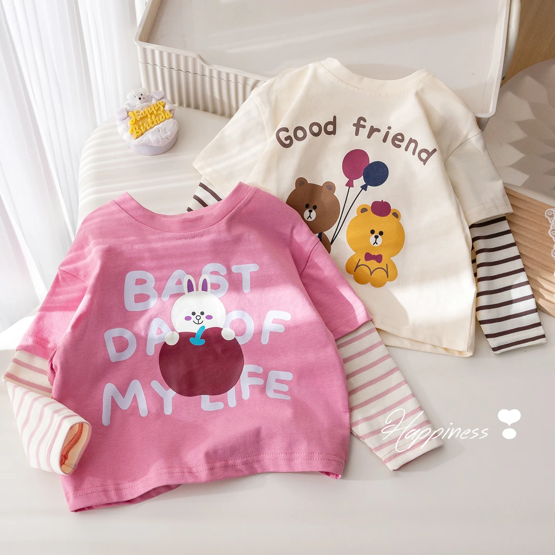 圆领女童秋装长袖T恤韩版可爱印花上衣春秋新款宝宝拼接撞色打底