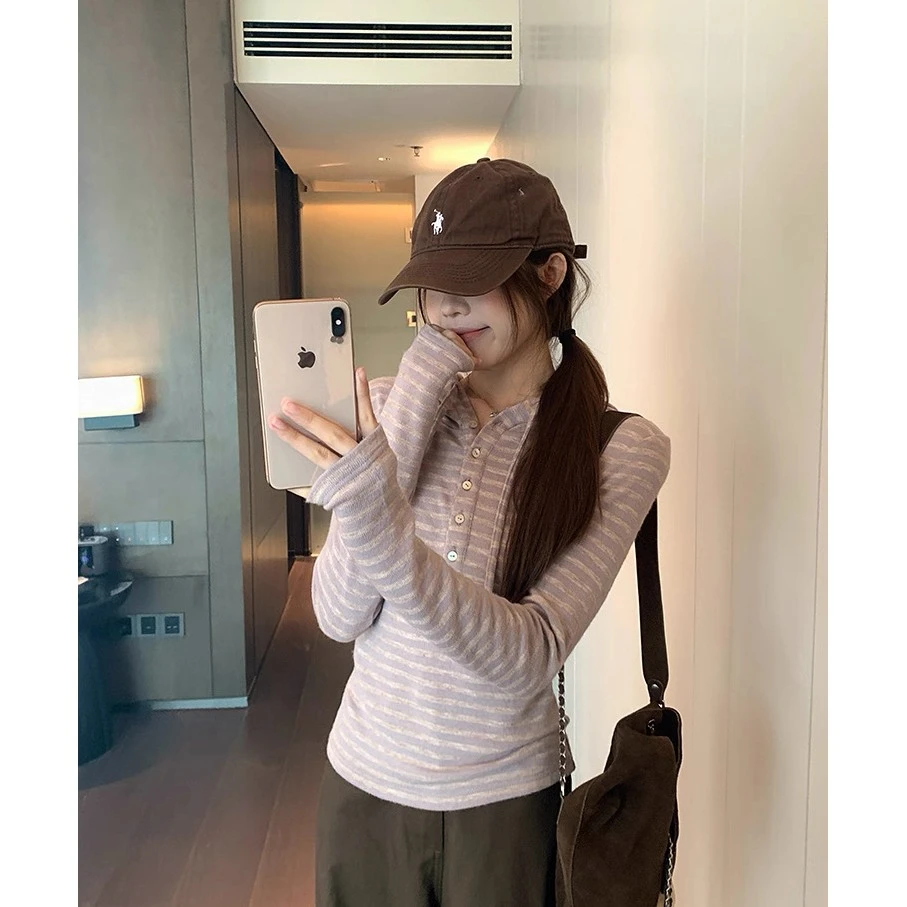 【双面绒】少女感纽扣设计感加绒慵懒风长袖拼接秋季连帽T恤修身