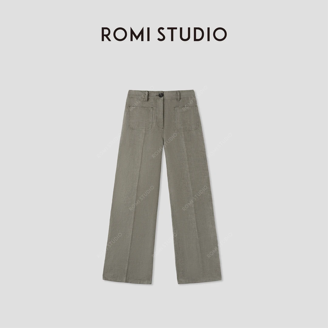 ROMI STUDIO“自然质感”100%色织亚麻多口袋九分微喇裤RWCSXY2248