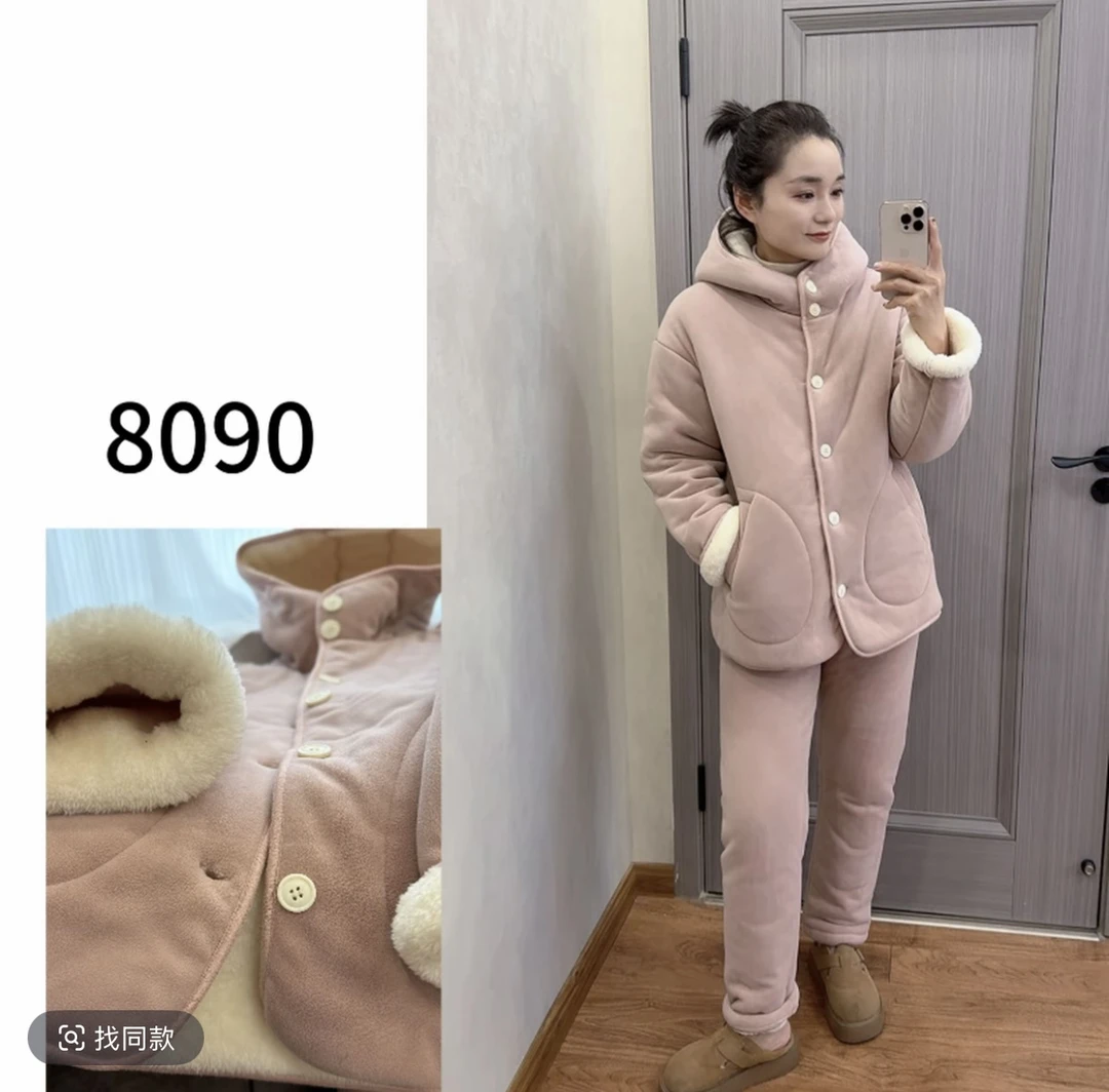 【8090暖居】冬款简约小白扣韩系连帽三层加厚家居服套装NJ-2487