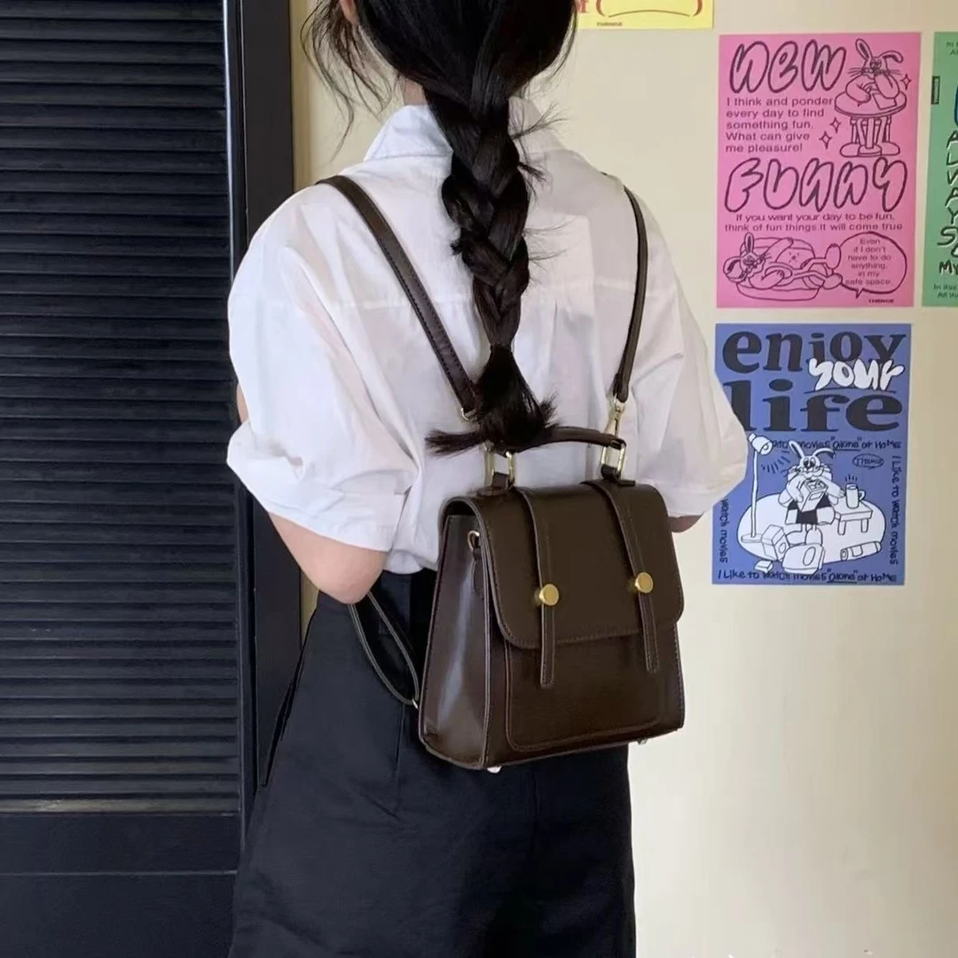 自制美式复古双肩包学院风背包2024新款英伦通勤学生斜挎包单肩包