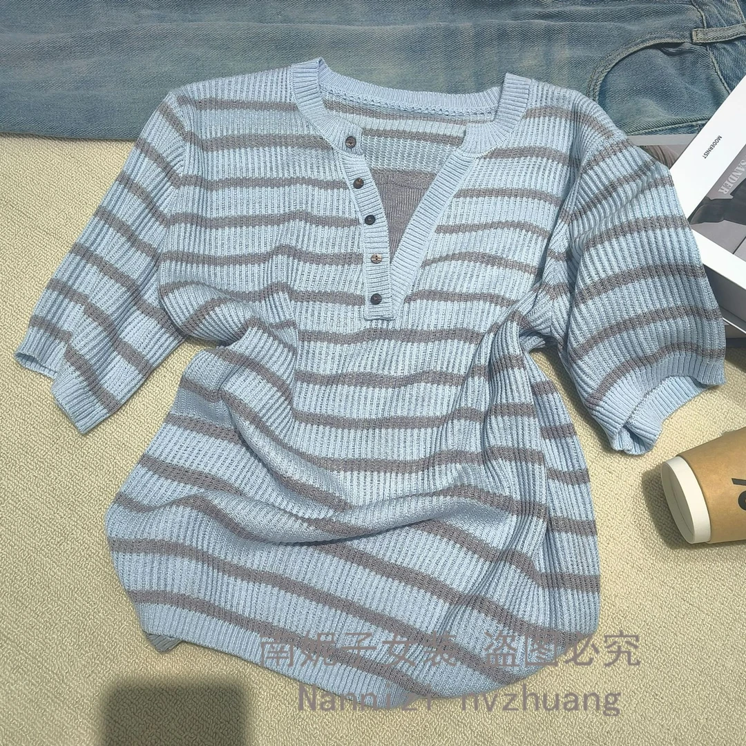 南妮子女装夏装女款爆款2025新款条纹显瘦韩版薄款针织衫HY113