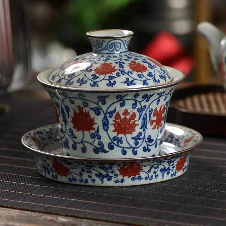 景德镇手工手绘釉下彩青花釉里红缠枝莲高端陶瓷茶具三才马蹄盖碗
