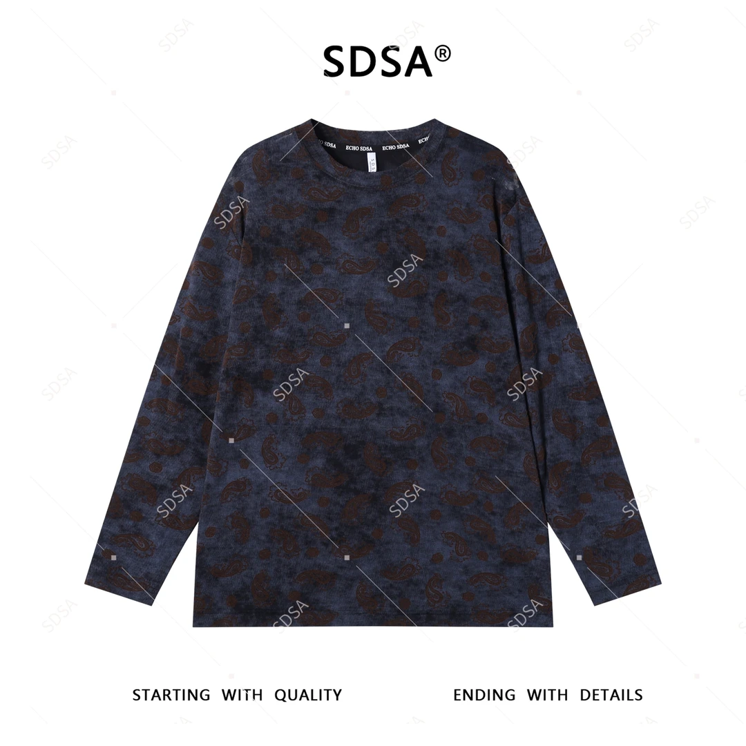 SDSA夏季新款男士痞帅满印抽象图案撞色长袖T恤复古舒适圆领上衣