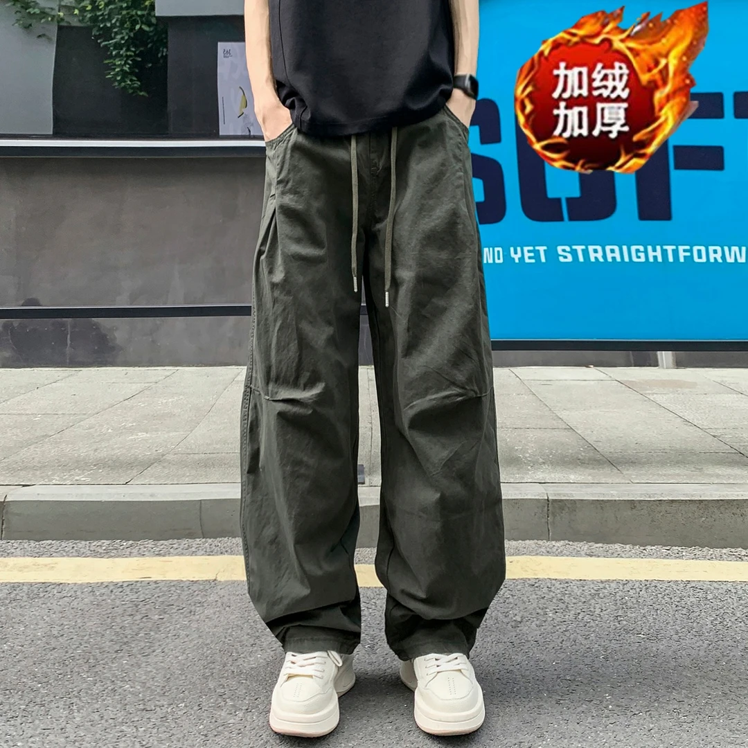 美式工装裤秋冬季水洗复古宽松直筒裤子潮牌百搭港风加绒休闲裤男