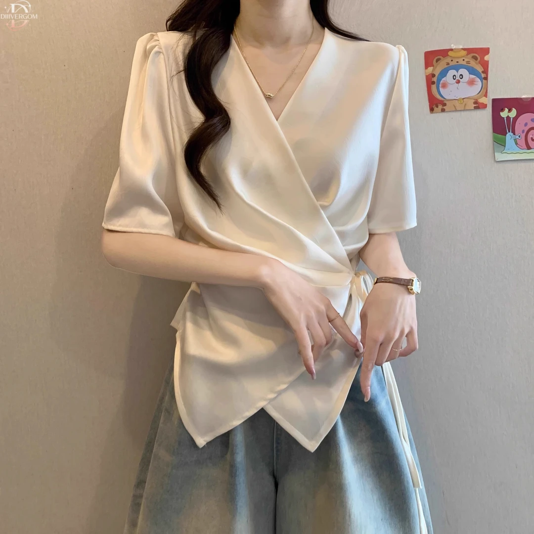 高级感轻奢缎面V领雪纺衫夏季纯欲慵懒风女装收腰显瘦短袖衬衫