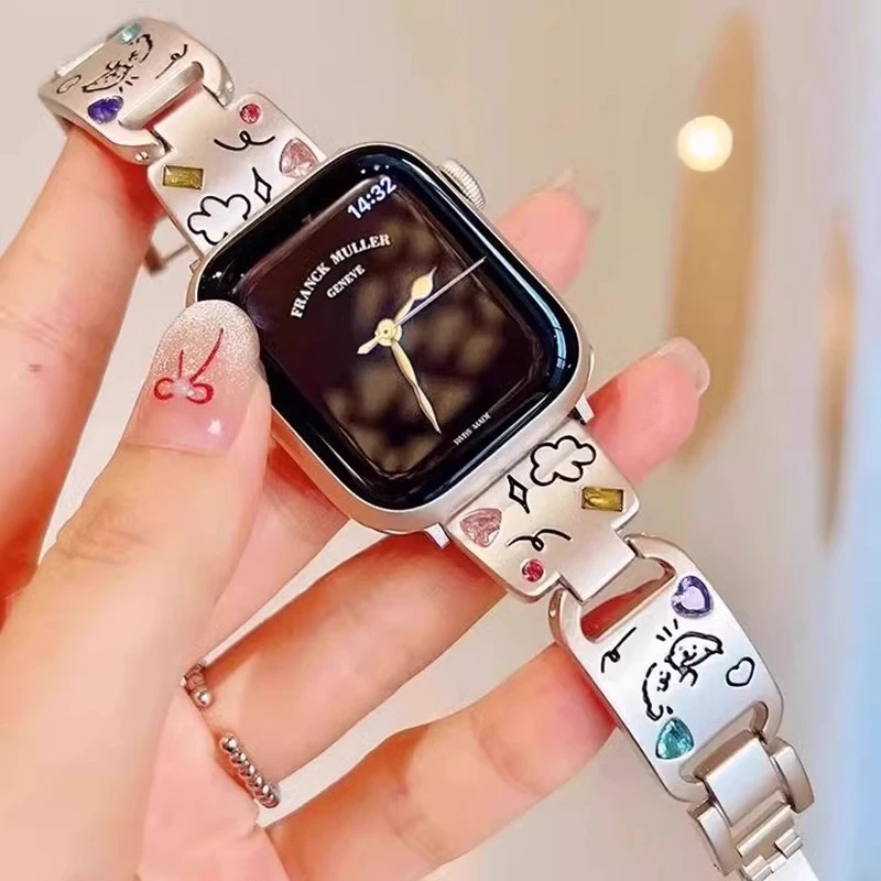 适用iwatchS10表带线条小狗金属表带S9/8/7/6/se/ultra高级感KK猫