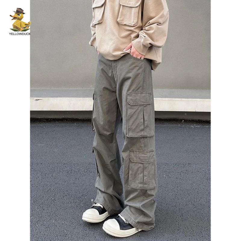 美式复古高街vibe风做旧多口袋工装裤男潮直筒微喇显瘦伐木裤长裤