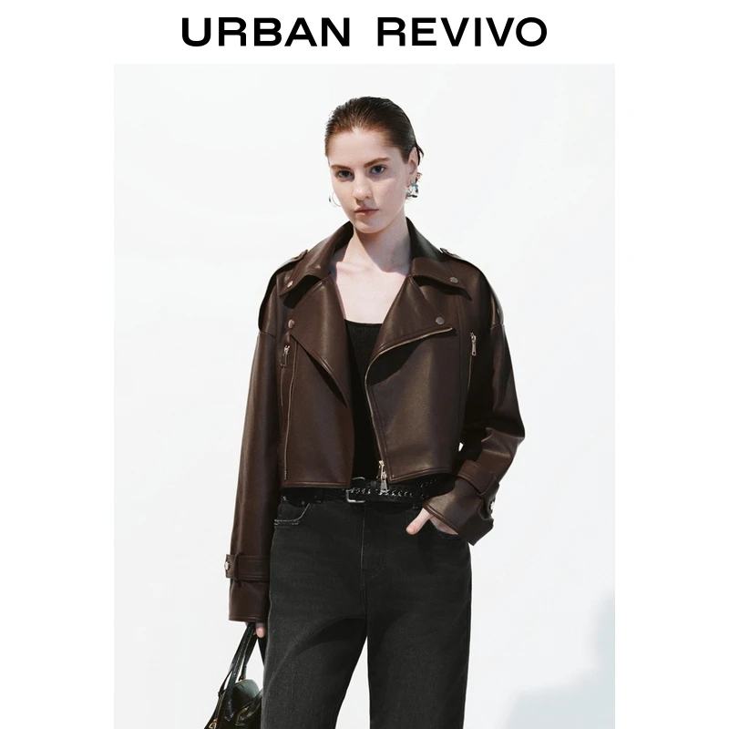 UR2025秋季新款女装流光风机车翻领皮质短款外套UWM150076+