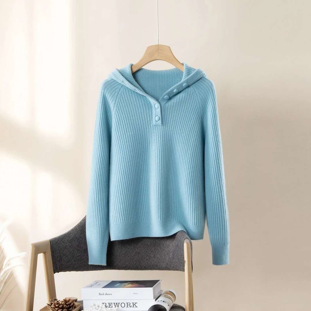 【双股无缝】100%绵羊毛厚款包扣连帽衫！数兰朵冬季减龄保暖卫衣女