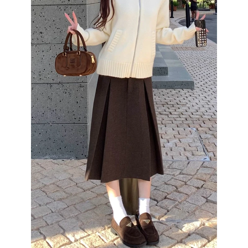 耶古温柔复古深棕毛呢半身裙女秋冬新款高腰百搭压褶中长款a字裙