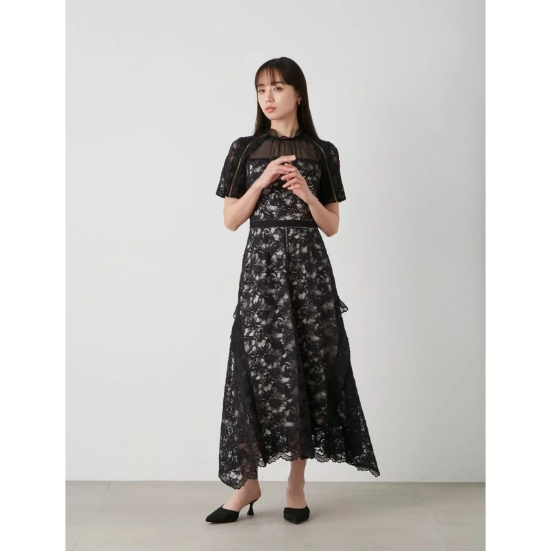 【DD外贸】 夏季新款 S 重工梯形蕾丝刺绣薄纱拼接连衣裙显瘦气质