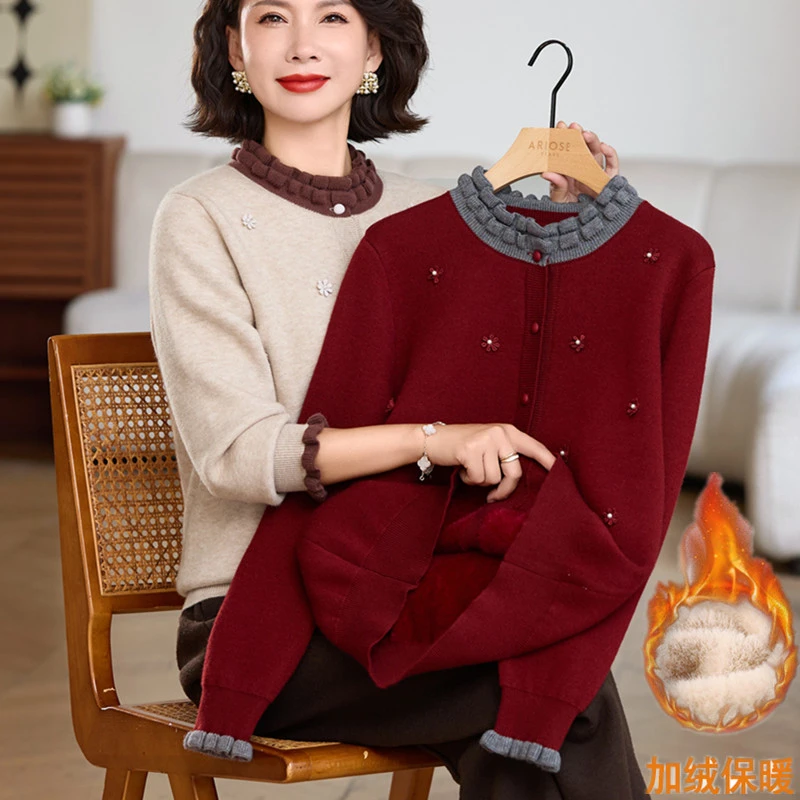 妈妈装花边领一体绒针织开衫中老年女秋冬洋气加厚保暖上衣外套