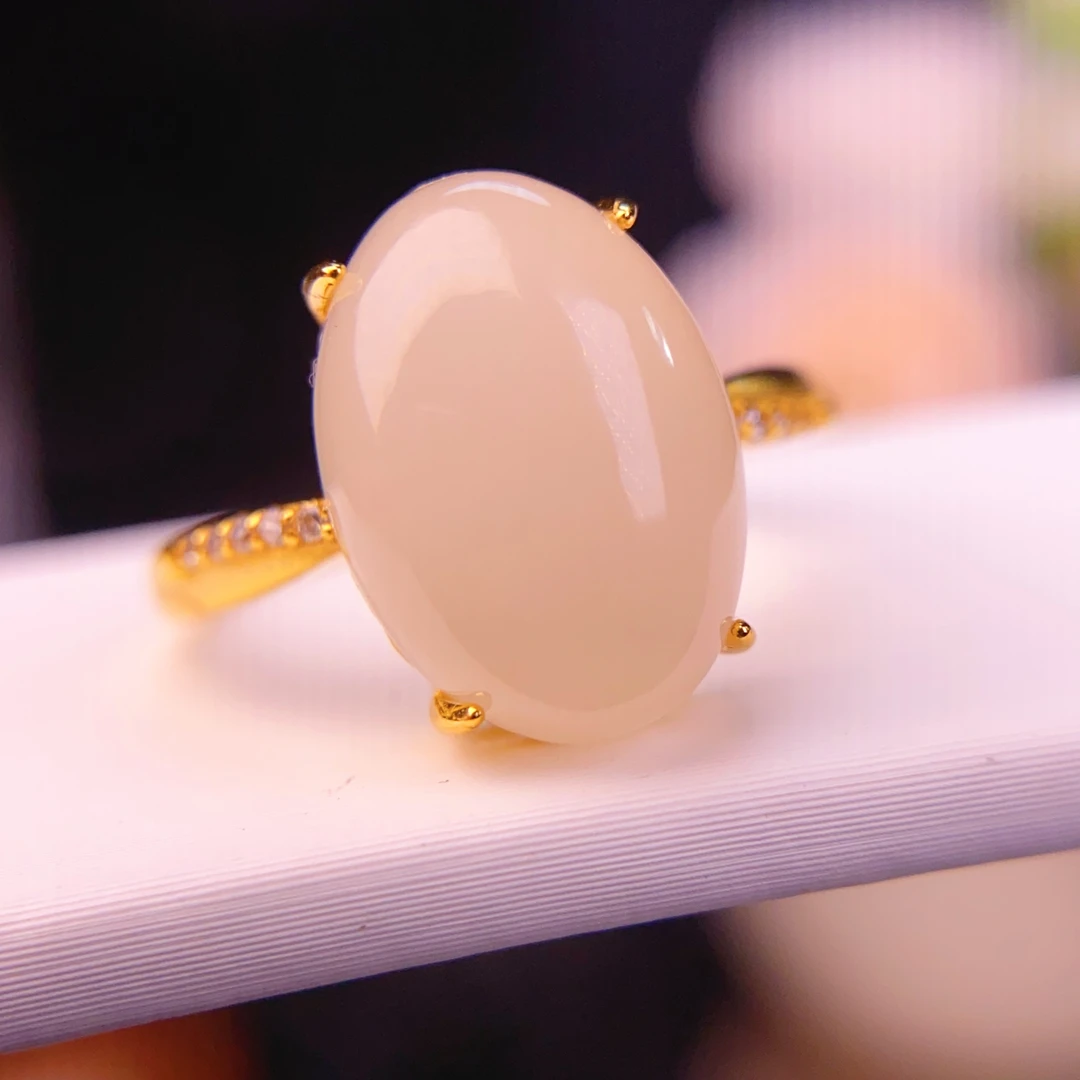 天然和田玉青海料精品野牛沟熟藕粉蛋面925银戒指开口戒女@0088