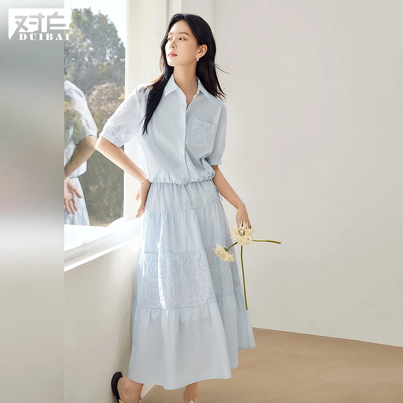 【黛一专属】D01对白棉衬衫蓝色翻领短袖衬衣女优雅上衣FDC095