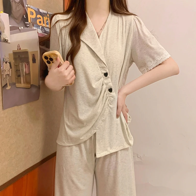 短袖长裤睡衣女款夏季斜领蝴蝶结女士韩版宽松夏装带胸垫两三件套