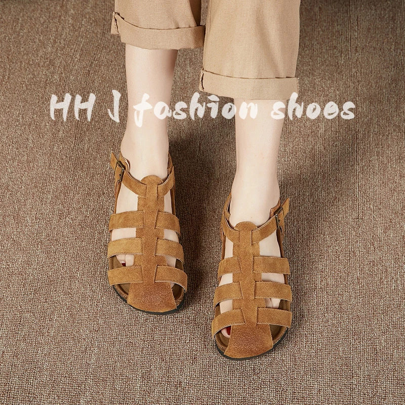 2025夏季新款真皮复古包头罗马凉鞋女平底厚底牛皮编织勃肯鞋女鞋