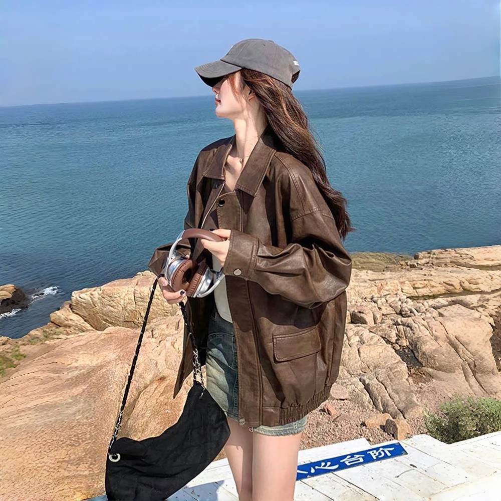 美拉德复古PU皮衣外套女2025春秋新款韩系高级感炸街机车风皮夹克