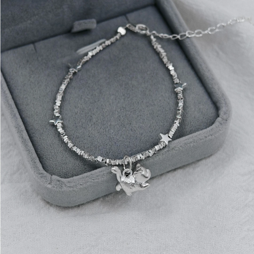 925银手链 原创·蛋蛋小猫铃铛小猫碎银手链星星碎银子