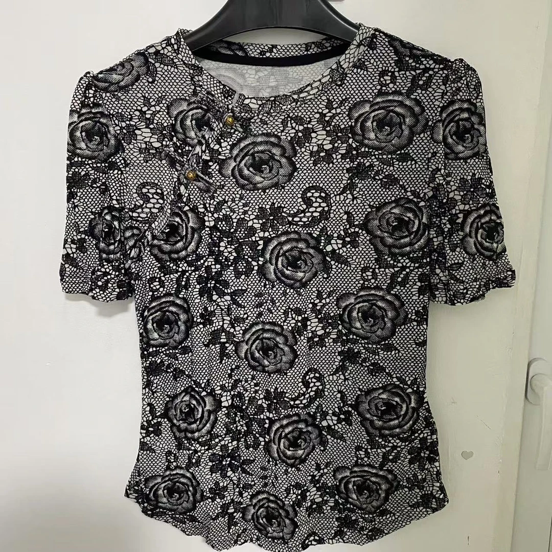 212609玫瑰花时尚短袖款蕾丝性格打底衣